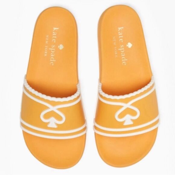 kate spade 8, 9 Brigitte Pool Slide Sunset Blaze Par Gold White - Picture 3 of 6
